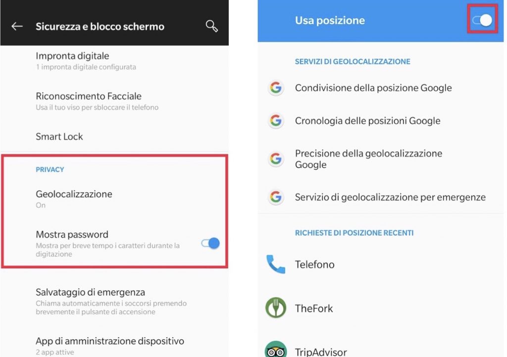 android disattivare localizzazione