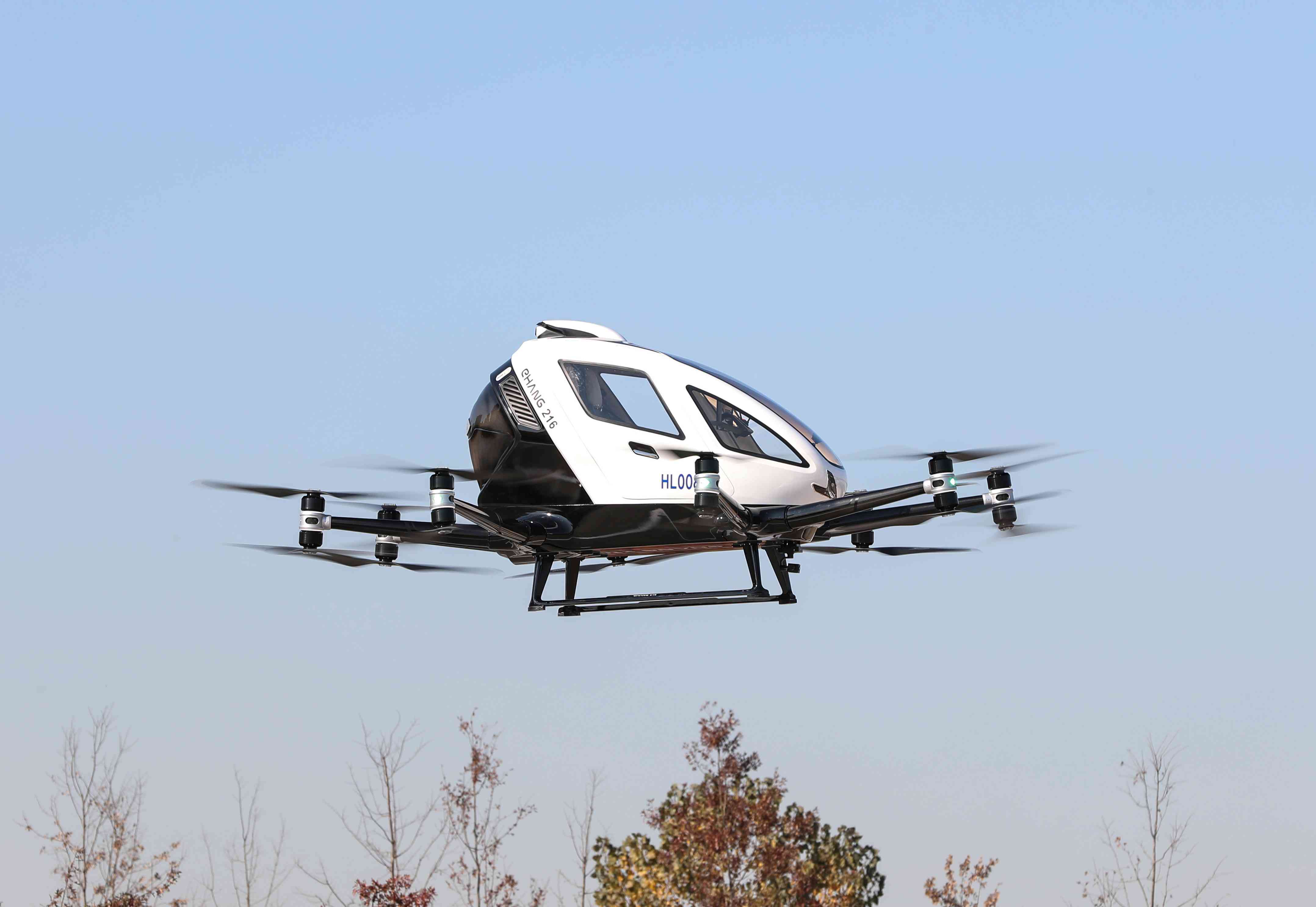 An autonomous aerial vehicle, produced by Ehang, is pictured in the air after takeoff in South Korea.