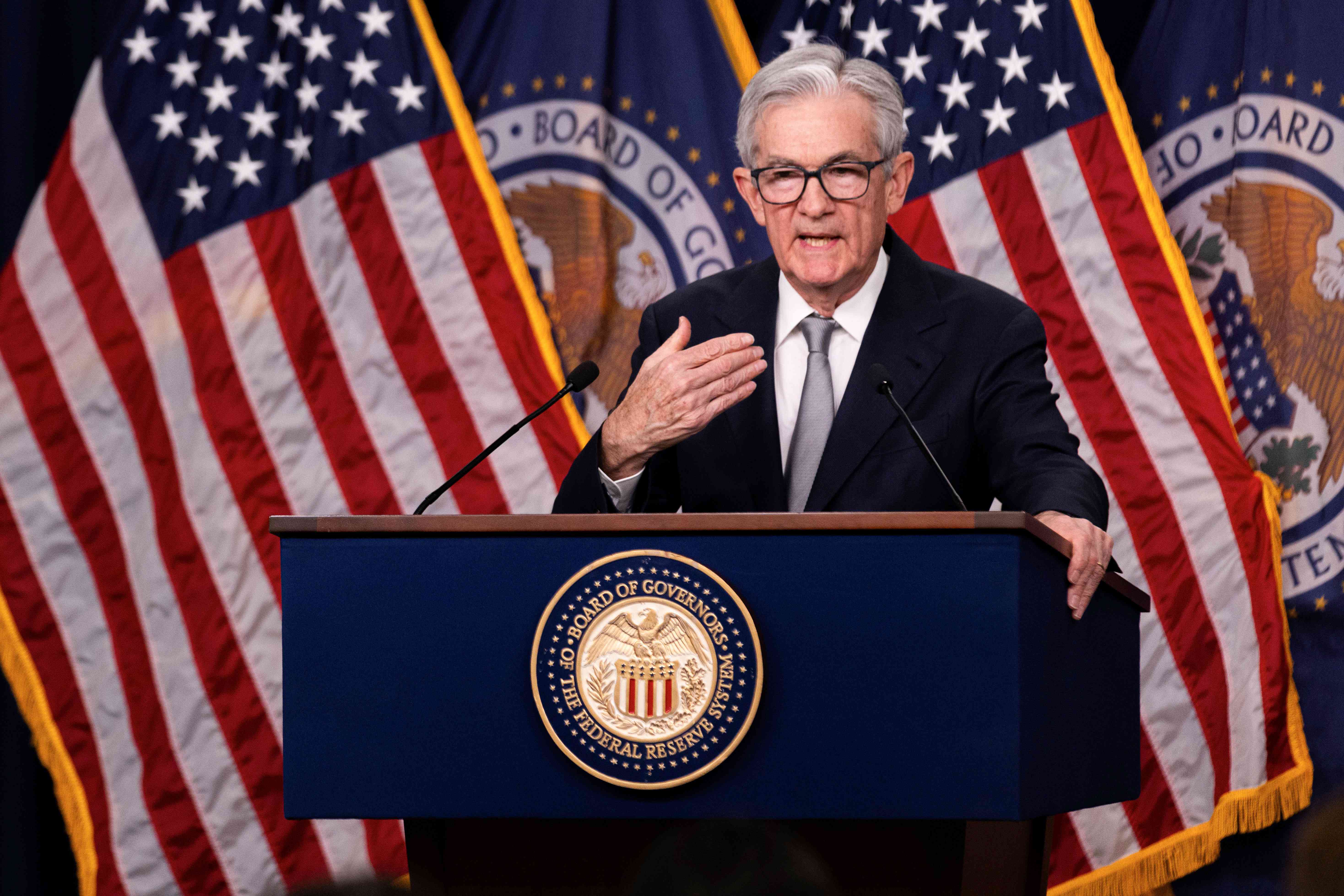 U.S. Federal Reserve Chair Jerome Powell at podium