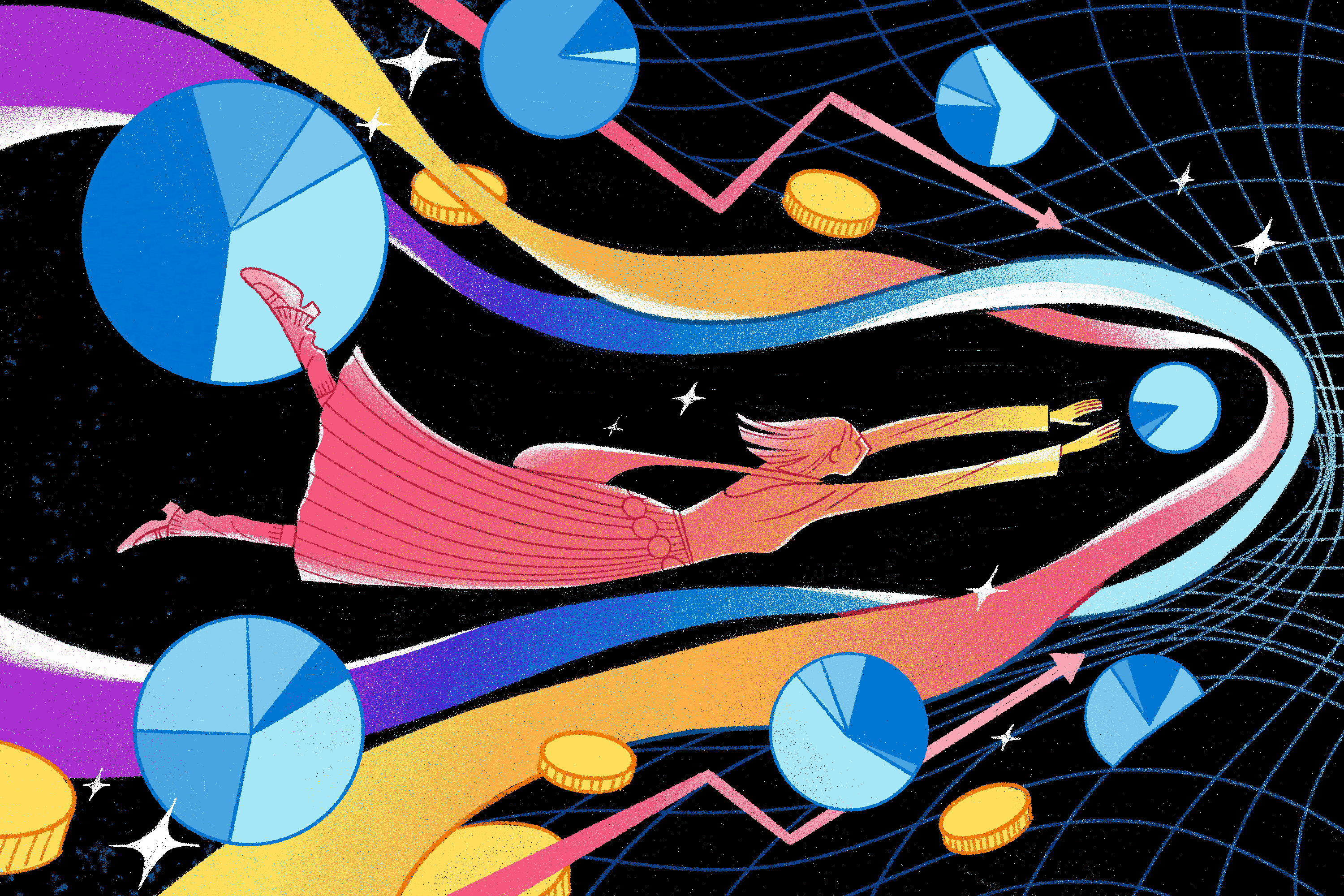Illustration of a woman flying through space while surrounded by coins, pie charts, and stock tickers.